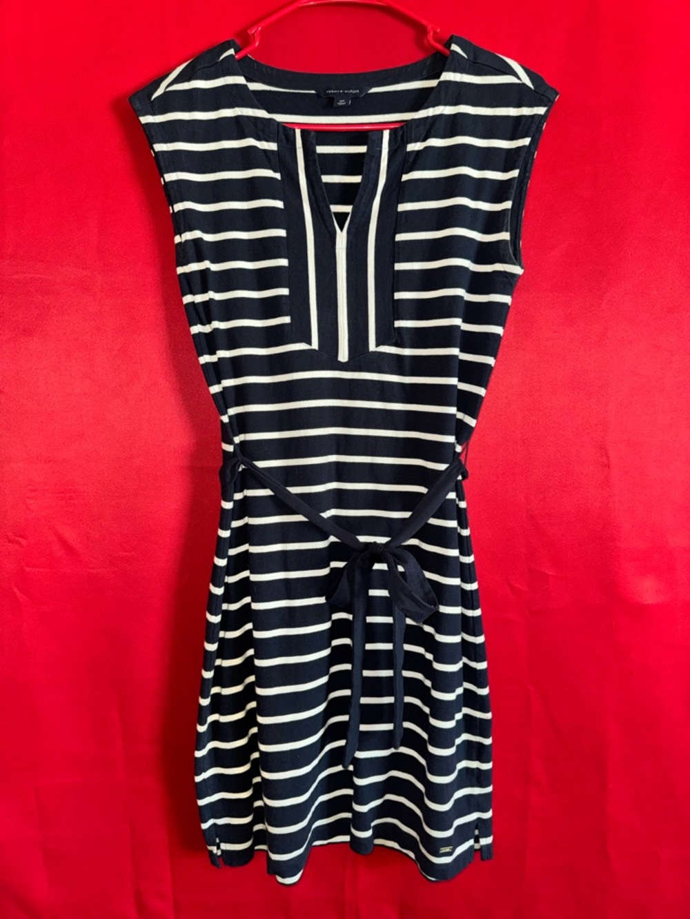 #405-TOMMY HILFIGER Midi Striped Navy and White Belted Women’s Dress Size Small